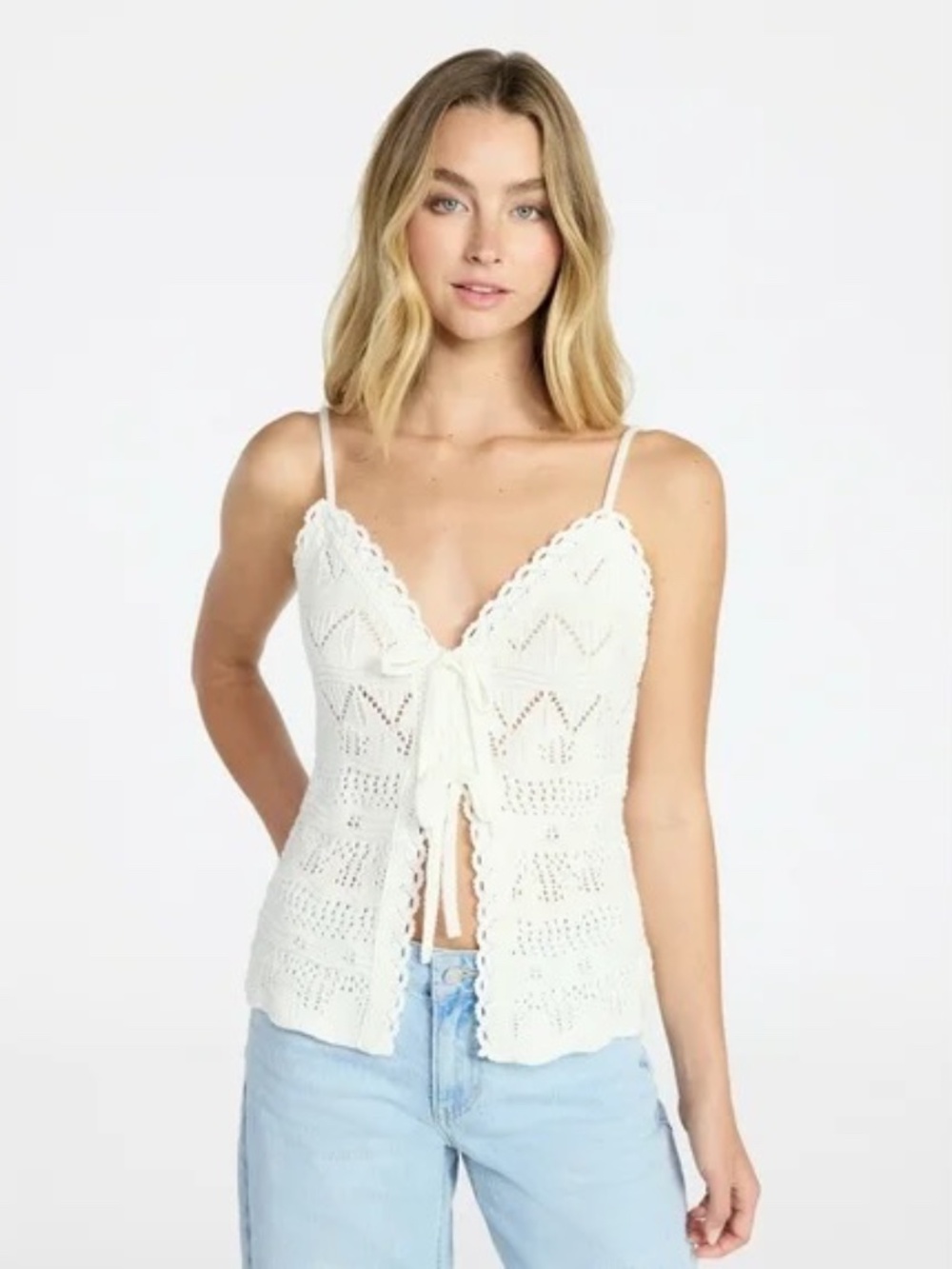 No Boundaries Pointelle Tie Front Festival Concert Cami Tank Top Size XXL White